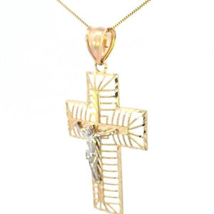 10K Real Gold Two Tone Medium Cross Charm with Box Chain