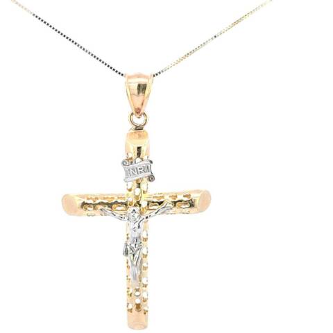 10K Real Gold Two-Tone "INRI" Jesus Hollow Tube Cross Charm with Box Chain