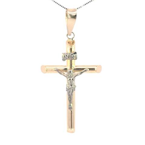 10K Real Gold Two Tone "INRI" Tube Cross Jesus Medium Charm with Box Chain