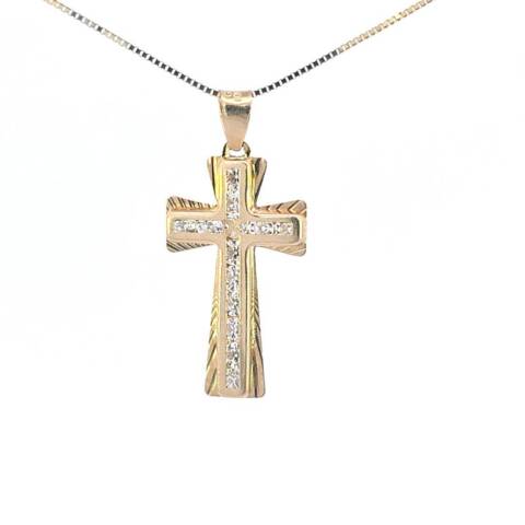 10K Real Gold Diamond Cut CZ Small Cross Charm with Box Chain