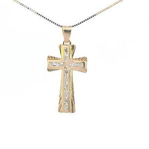 10K Real Gold Diamond Cut CZ Small Cross Charm with Box Chain