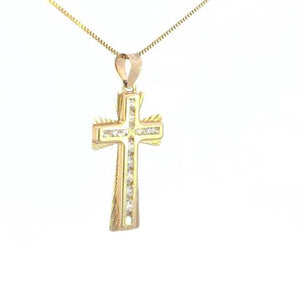 10K Real Gold Diamond Cut CZ Small Cross Charm with Box Chain