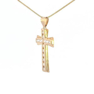 10K Real Gold Diamond Cut CZ Small Cross Charm with Box Chain