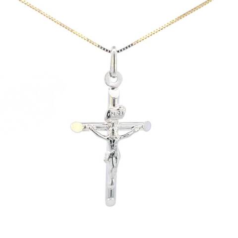 10K Real White Gold "INRI" Jesus Cross Small Charm with Box Chain