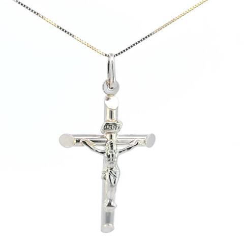 10K Real White Gold "INRI" Jesus Tube Cross Medium Charm with Box Chain