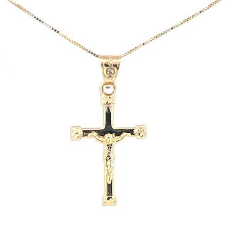 10K Real Gold Jesus Cross CZ Small Charm with Box Chain