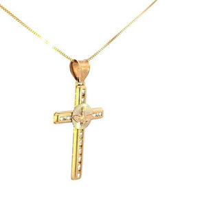 10K Real Gold Tri Color CZ Cross-Faith Hope Peace Charm with Box Chain