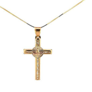 10K Real Gold Tri Color CZ Cross-Faith Hope Peace Charm with Box Chain