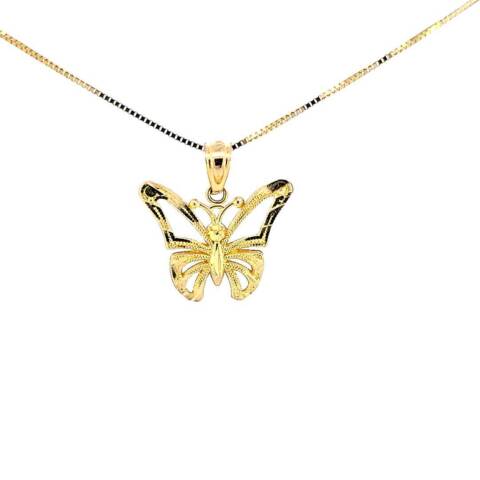 10K Real Gold Diamond Cut Small Butterfly Charm with Box Chain