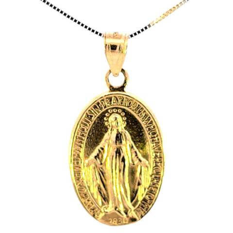 14K Real Gold Miraculous Medal Mother Mary Double Sided Oval Charm with Box Chain