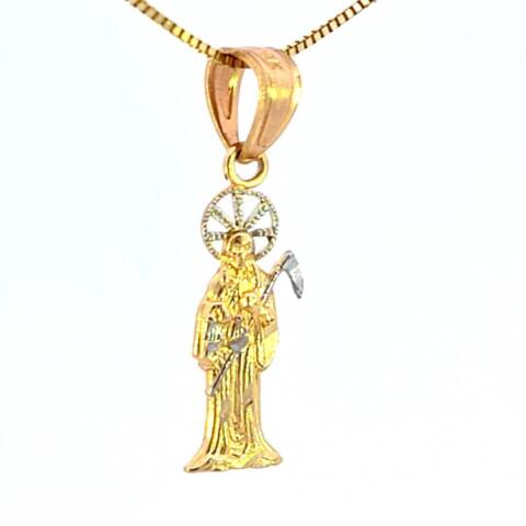 14K Real Gold Two Tone Santa Muerte Medalla Small Charm with Box Chain