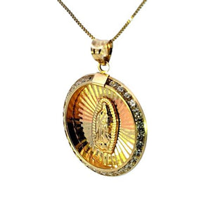 14K Round CZ Tri Color Mother Mary Medium Charm with Box Chain