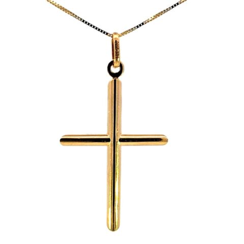 14K Real Gold Tube Cross Medium Charm with Box Chain