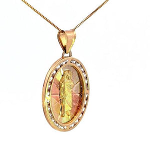 10K Real Gold Tri Color Oval CZ Saint Jude Medium Charm with Box Chain