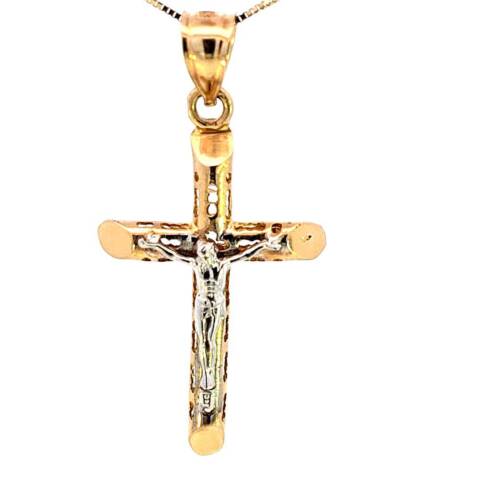 14K Real Gold Two Tone Hollow Tube Cross Jesus Medium Charm with Box Chain