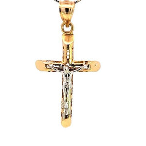 14K Real Gold Two Tone Hollow Tube Cross Jesus Medium Charm with Box Chain