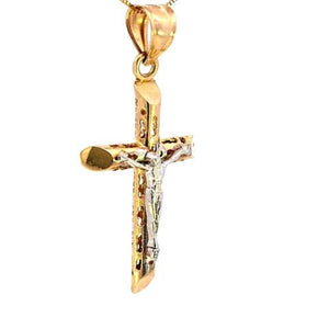 14K Real Gold Two Tone Hollow Tube Cross Jesus Medium Charm with Box Chain