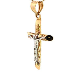 14K Real Gold Two Tone Hollow Tube Cross Jesus Medium Charm with Box Chain