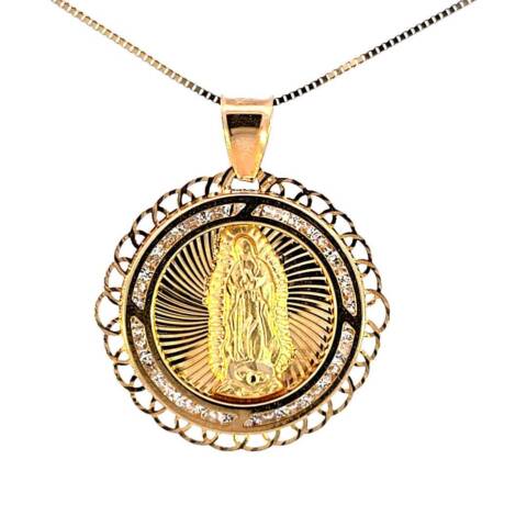 10K Real Gold Mother Mary Round CZ Frame with Box Chain