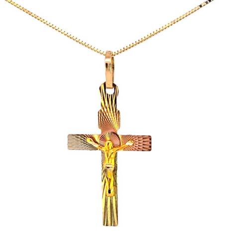 10K Real Gold Tri Color Jesus Cross Small Charm with Box Chain