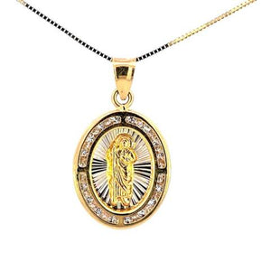 10K Real Gold Two Tone CZ Saint Jude Small Oval Charm with Box Chain