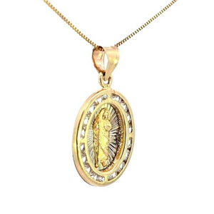 10K Real Gold Two Tone CZ Saint Jude Small Oval Charm with Box Chain