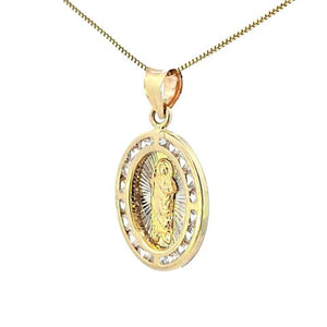 10K Real Gold Two Tone CZ Saint Jude Small Oval Charm with Box Chain