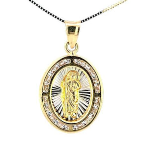 10K Real Gold Two Tone CZ Saint Jude Small Oval Charm with Box Chain