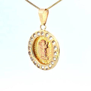 10K Real Gold Two Tone Round Baby Jesus CZ Small Charm with Box Chain