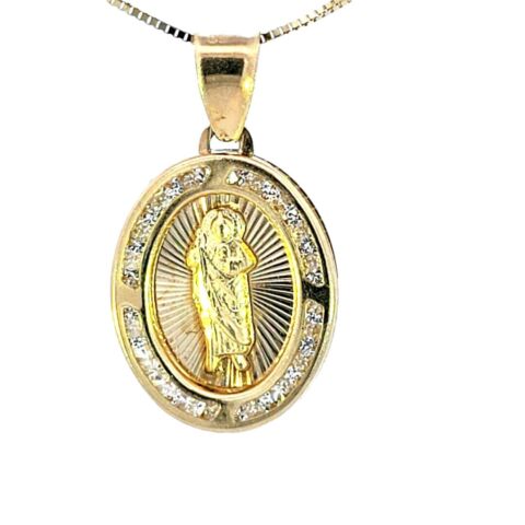 10K Real Gold Saint Jude CZ Oval Small Charm with Box Chain