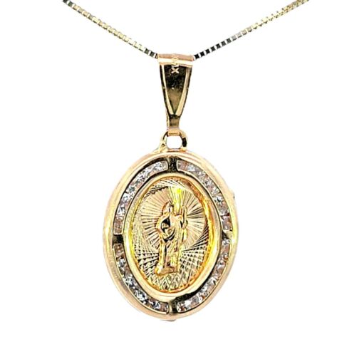 10K Real Gold Tri Color Saint Jude CZ Oval Charm with Box Chain