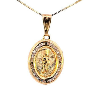 10K Real Gold Tri Color Saint Jude CZ Oval Charm with Box Chain