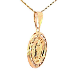 10K Real Gold Tri Color Saint Jude CZ Oval Charm with Box Chain