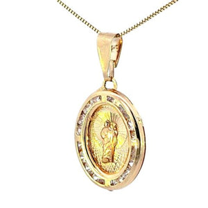 10K Real Gold Tri Color Saint Jude CZ Oval Charm with Box Chain