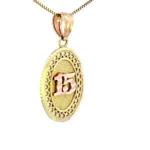 14K Real Gold Two Tone Fancy "15" Oval Small Charm with Box Chain