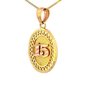 14K Real Gold Two Tone Fancy "15" Oval Small Charm with Box Chain