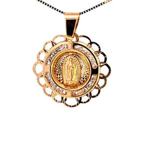 14K Real Gold Round CZ Flower Mother Mary Small Charm with Box Chain