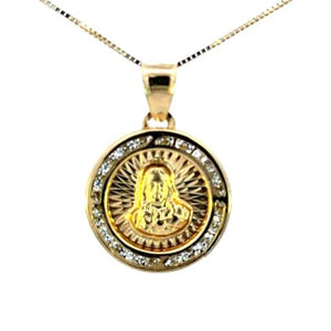 10K Real Gold Round CZ Double Sided Jesus-Mother Mary Small Charm with Box Chain