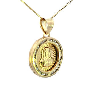 10K Real Gold Round CZ Double Sided Jesus-Mother Mary Small Charm with Box Chain