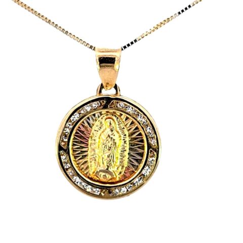 10K Real Gold Round CZ Double Sided Jesus-Mother Mary Small Charm with Box Chain