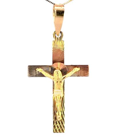 10K Real Gold Tri Color Jesus Crucifix Cross Charm with Box Chain