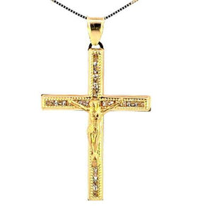 10K Real Gold CZ Cross Jesus Medium Charm with Box Chain