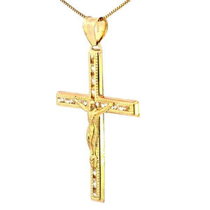 10K Real Gold CZ Cross Jesus Medium Charm with Box Chain