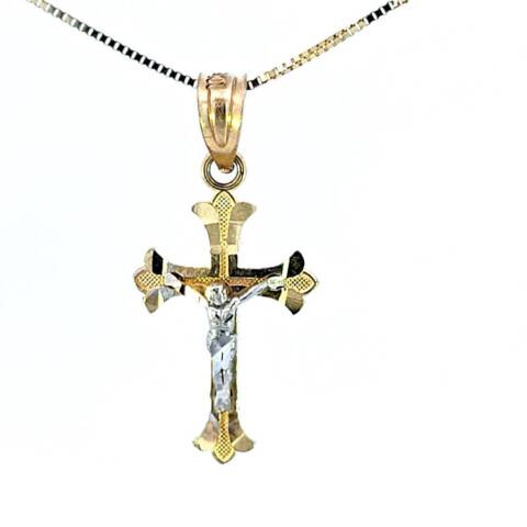 10K Real Gold Two-Tone Diamond Cut Small Cross- Jesus Charm with Box Chain