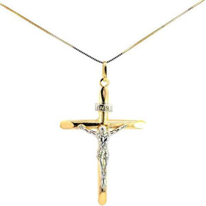 10K Real Gold "INRI" Jesus Tube Cross Medium Charm with Box Chain