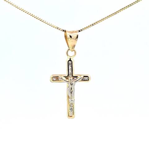 10K Real Gold Jesus- Cross CZ Small Charm with Box Chain