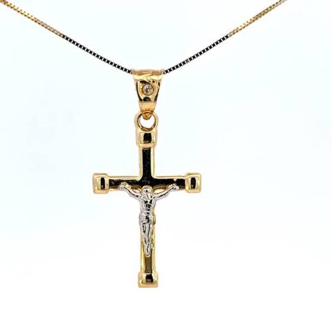 10K Real Gold Two Tone Jesus-Cross Medium CZ Charm with Box Chain