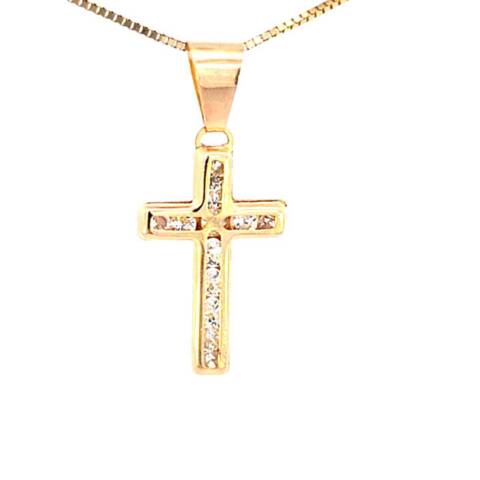 10K Real Gold Small CZ Cross Charm with Box Chain