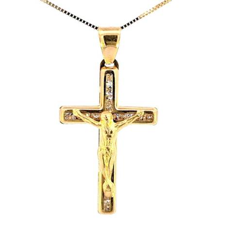 10K Real Gold CZ Jesus-Cross Medium Charm with Box Chain