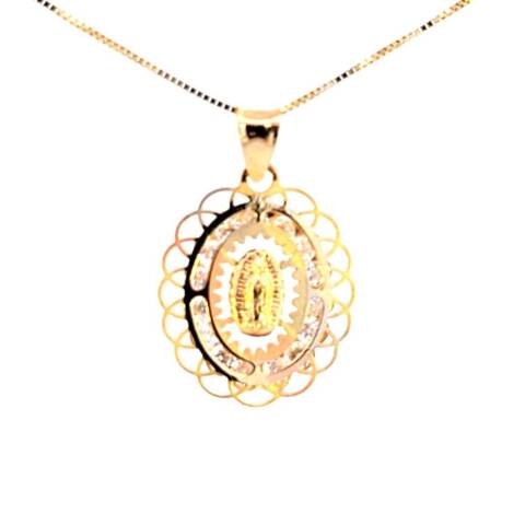 14K Real Gold TC CZ Oval Mother Mary Fancy Small Reversible Charm with Box Chain